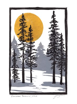block print, printmaking, pines, evergreen, moon, winter, pine trees, forest, mountains